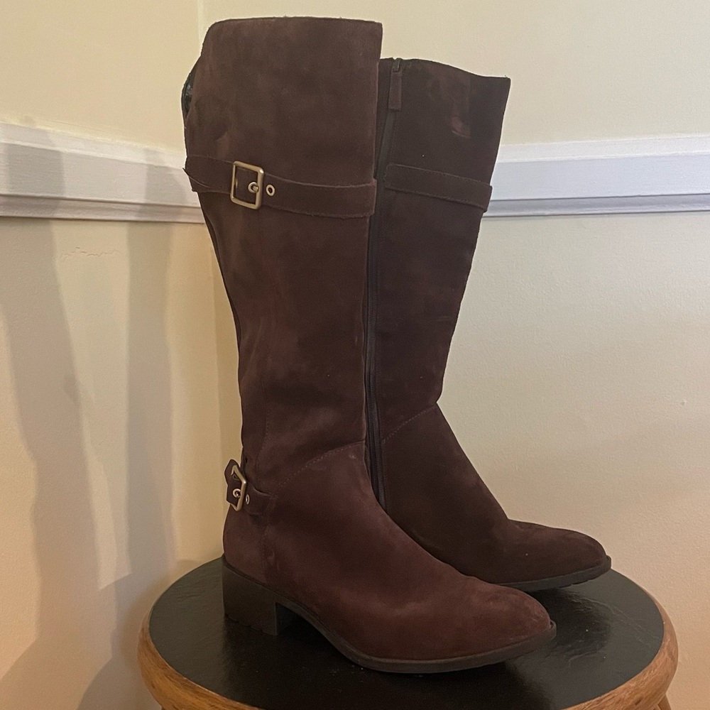 Cole Haan Chocolate Brown Waterproof Suede Riding Boots with Gold Buckles
